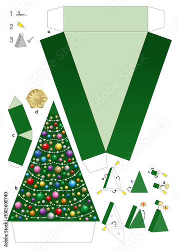Template for a paper model of a Christmas tree box. Printable sheet for making a Christmas tree box that you close with an attachable star. Follow the individual steps for cutting, folding and gluing.