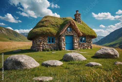 A miniature tiny stone cottage with a thatched roof in a vibrant, mountainous meadow. 