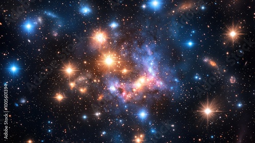 Vibrant cosmic nebula filled with bright stars and colorful gas clouds, showcasing the beauty of the universe.