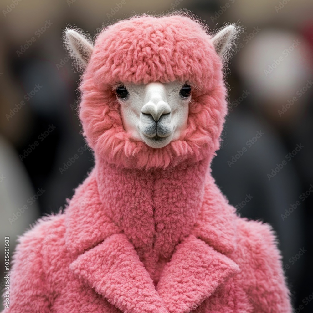 Pink Alpaca Wearing a Fluffy Coat at a Fashion Show. Generative ai Pink Alpaca Wearing a Fluffy Coat at a Fashion Show. Generative ai
