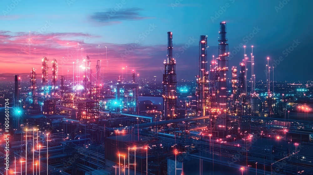 Fototapeta premium Vibrant industrial landscape at dusk showcasing illuminated towers and a dynamic skyline filled with energy and technology.