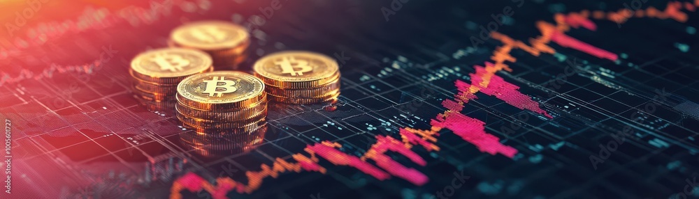The image showcases golden cryptocurrency coins on a fluctuating stock market graph, representing trends in digital finance. The image showcases golden cryptocurrency coins on a fluctuating stock market graph, representing trends in digital finance.