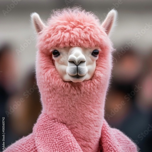 Pink Alpaca Wearing a Fluffy Coat at a Fashion Show. Generative ai