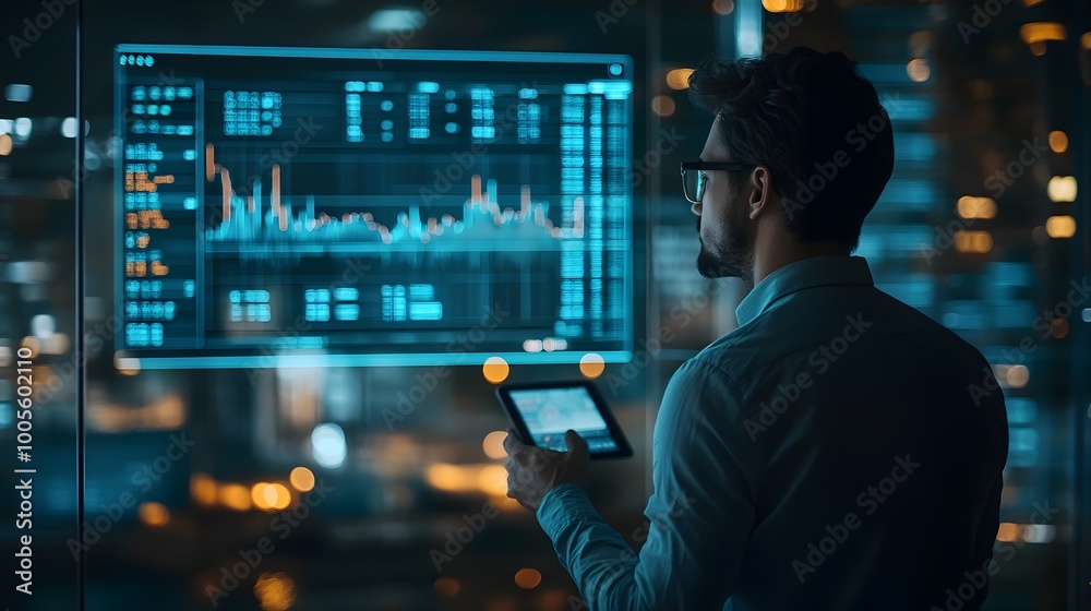 Businessman Analyzing Augmented Reality Trends and Financial Data in a Sleek Modern Office Environment Professional Assessing Market Insights and Making Strategic Decisions Businessman Analyzing Augmented Reality Trends and Financial Data in a Sleek Modern Office Environment Professional Assessing Market Insights and Making Strategic Decisions