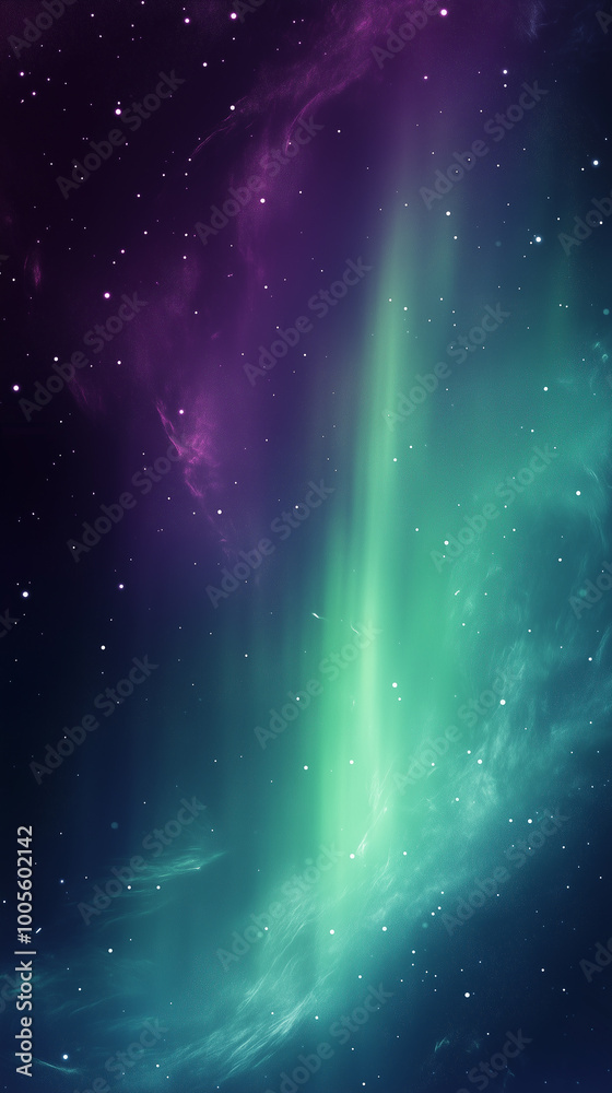 A vertical glow of soft green and purple Aurora Borealis lights in a dark starry sky, creating a magical and calming background A vertical glow of soft green and purple Aurora Borealis lights in a dark starry sky, creating a magical and calming background