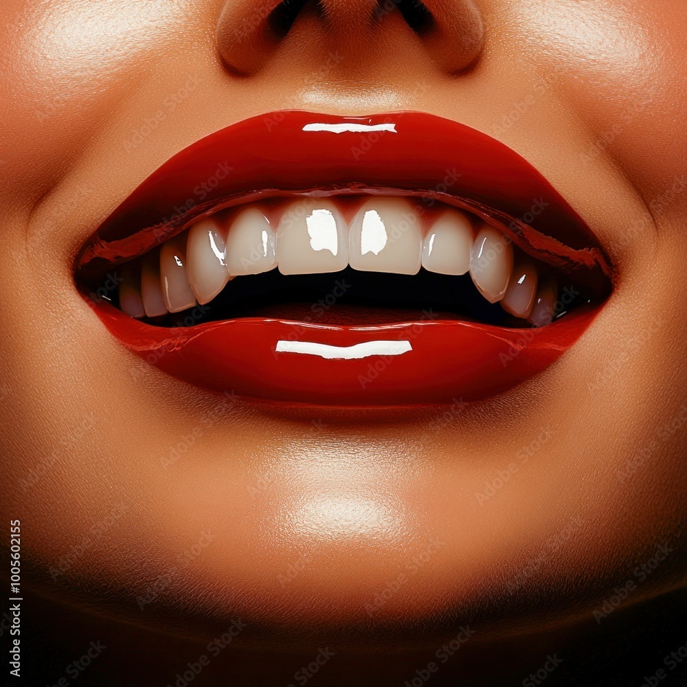 Obraz premium Glossy Red Lips with a Bright Smile Close-up. Generative ai