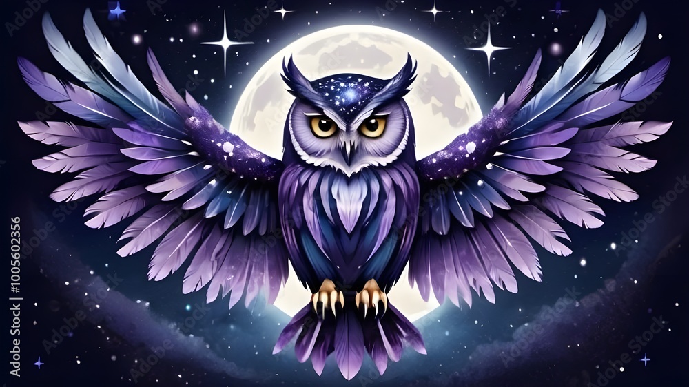 Naklejka premium an owl with feathers that resemble a starry night sky, using dark blues, purples, and silver sparkles
