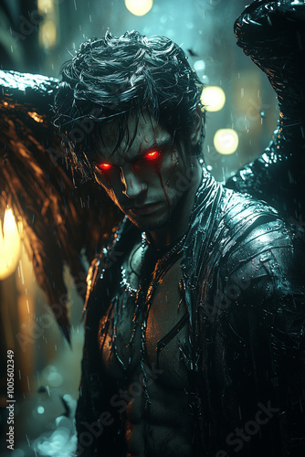 male fallen angel gazes intensely in rain with dark wings and wet hair