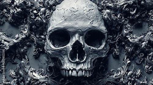 A striking poster template showcasing a detailed skull motif in a dark color scheme, designed to allow for plenty of text placement against a white backdrop. photo