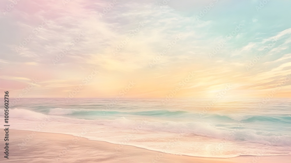 Obraz premium Serene coastal landscape with a soft pastel gradient backdrop and dreamy watercolor effects featuring sun dappled shores rolling waves wispy cirrus clouds
