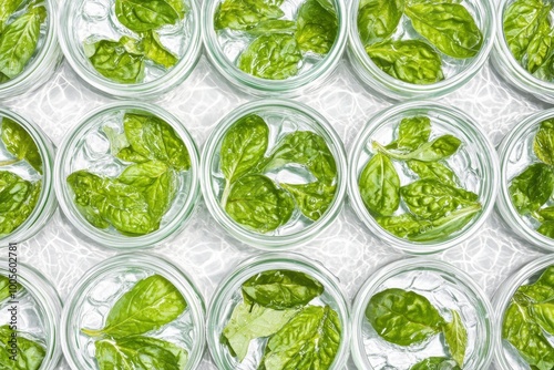 Overhead shot of fresh green mint leaves submerged in clear water in glass jars, in a bright and refreshing composition.