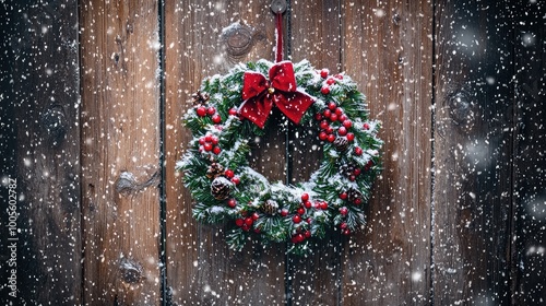 A beautiful Christmas wreath adorned with snow and red berries, hanging on a rustic wooden door amidst gentle falling snow.