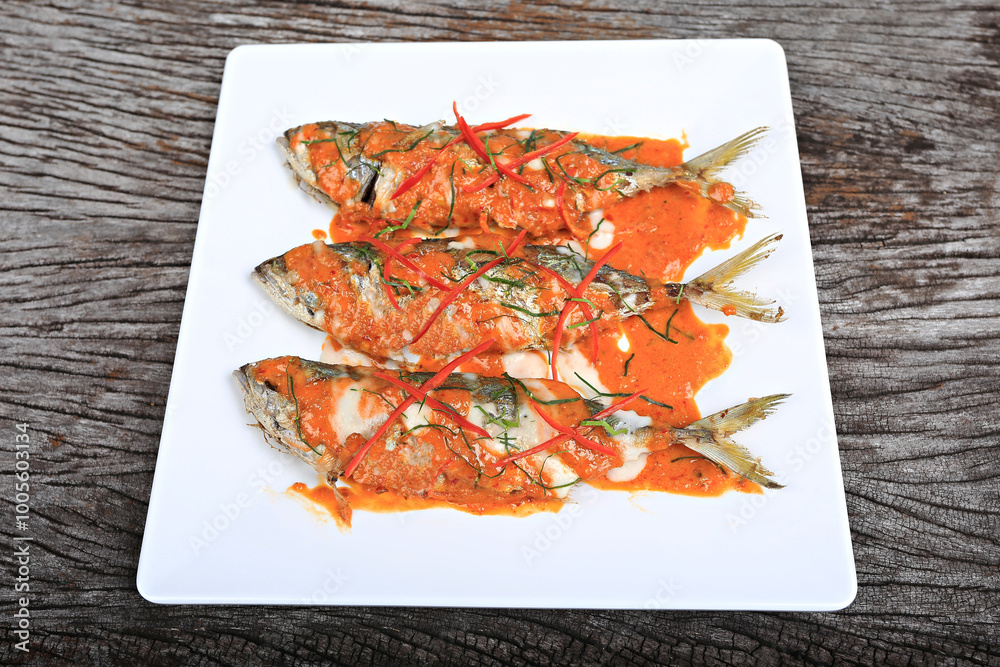 Fried mackerel with curry paste or Choo Chee mackerel. Thailand Food Style Background Fried mackerel with curry paste or Choo Chee mackerel. Thailand Food Style Background