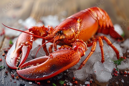 Stunning red lobster displayed on crushed ice against a dark backdrop perfect for seafood promotions