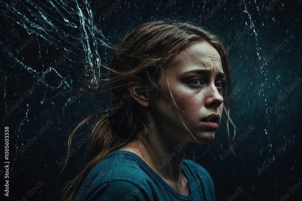 The weight of depression crushing her, the girl's face contorted in a mix of fear and sadness The weight of depression crushing her, the girl's face contorted in a mix of fear and sadness