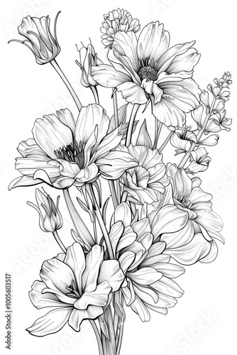 Coloring book illustration of Prairie gentian flowers and a bouquet of white and pink lisianthus flowers