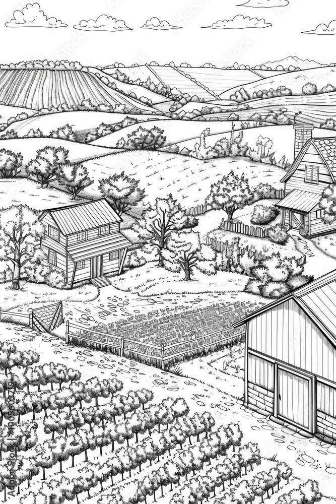 Fototapeta premium Coloring book illustration of Aerial View of Farmland