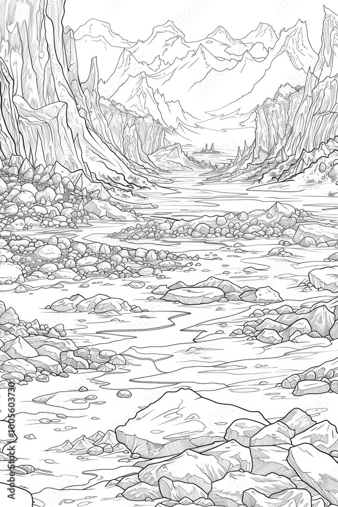 Naklejka premium Coloring book illustration of a majestic landscape featuring a breathtaking harmony of untouched nature The scene includes a desert of white snow and ice icebergs and towering mountains