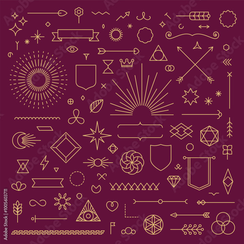 Set of linear thin line art deco boho retro vintage design elements. Geometric shapes, Outline symbols