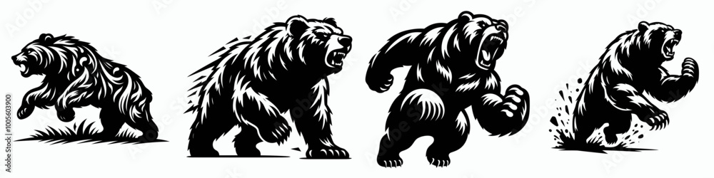 Four stylized images of a bear in various walking and running poses, showcasing a dynamic and powerful representation of the animal. Four stylized images of a bear in various walking and running poses, showcasing a dynamic and powerful representation of the animal.