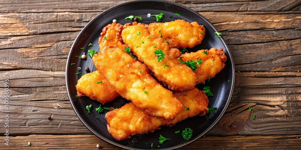 Crispy fish fingers served on a dish atop a rustic wooden surface. Crispy fish fingers served on a dish atop a rustic wooden surface.
