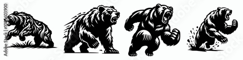 Four stylized images of a bear in various walking and running poses, showcasing a dynamic and powerful representation of the animal.