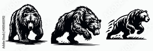Three stylized bear illustrations displaying different poses—standing, walking, and running—highlighting the strength and agility of bears.