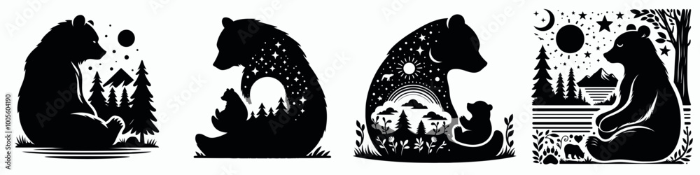 Fototapeta premium Four stylized black bear silhouettes, each incorporating nature scenes, trees, and celestial elements, showcasing wilderness and tranquility.