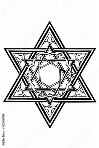 Coloring book illustration of a Star of David pattern for intricate spiritual design ideal for traditional decorations and festive events