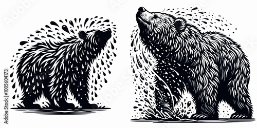 Two artistic bear illustrations showcasing detailed fur, water splashes, and a dynamic pose, emphasizing nature and wildlife aesthetics.