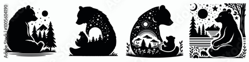 Four stylized black bear silhouettes, each incorporating nature scenes, trees, and celestial elements, showcasing wilderness and tranquility.