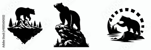 Three black bear illustrations, each depicting the bear in a natural setting, showcasing wilderness and wildlife themes. photo