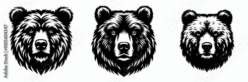 Three stylized bear heads with varying expressions, showcasing intricate line work and detail in a black-and-white design.