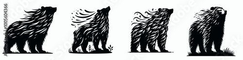 Wallpaper Mural Four stylized bears depicted in various poses, showcasing flowing fur and dynamic movements, emphasizing the beauty of nature. Torontodigital.ca