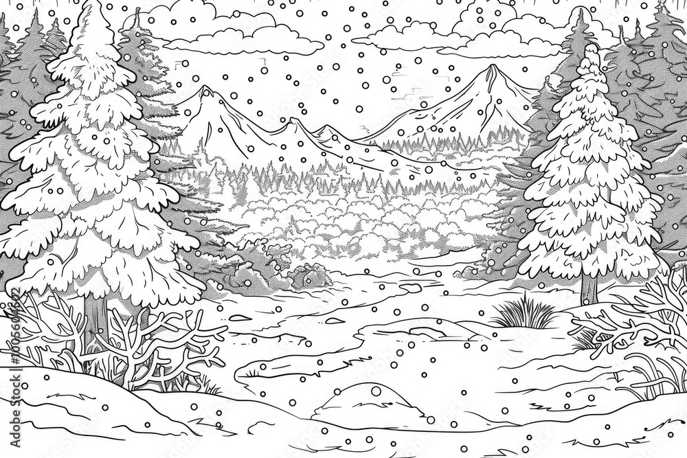 Obraz premium Coloring book illustration of a Scenic Snow Covered Landscape in Winter