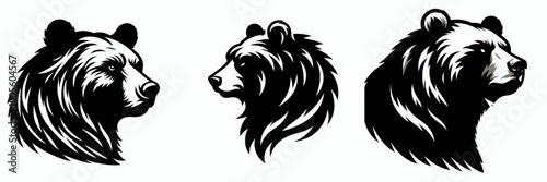 Three stylized animal heads showcase a bear in various artistic forms, emphasizing detailed features and textures in a monochromatic palette.
