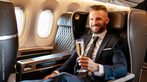 Businessman Relaxing in a Luxurious Airplane Seat Holding Champagne, Smiling and Enjoying a Successful Flight Upgrade in a Premium Cabin Environment