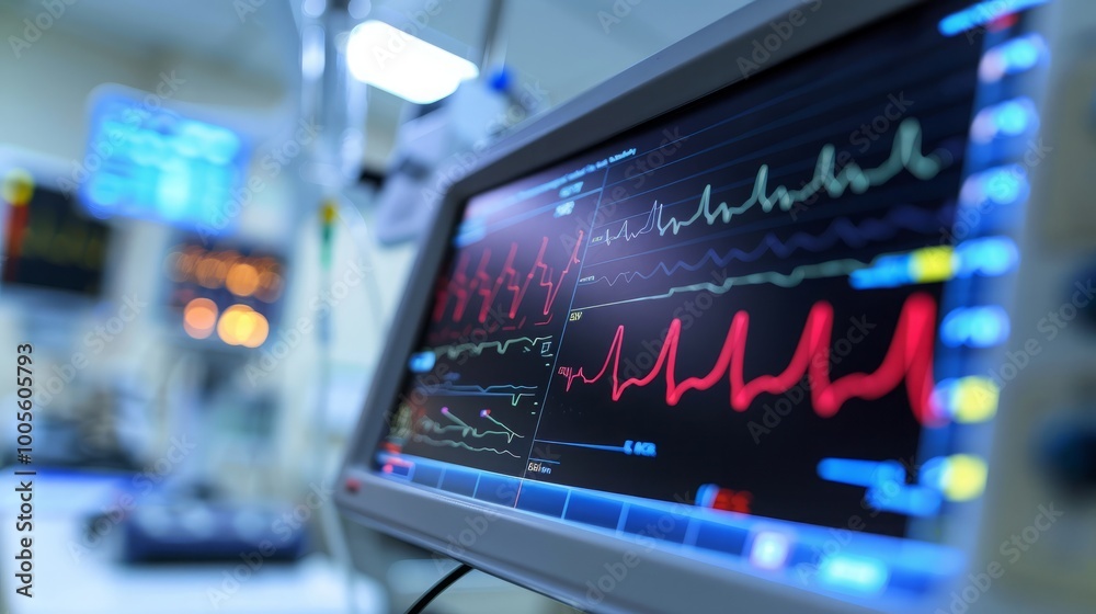 A close-up shot of a heart rate monitor in a hospital room, showing a steady heartbeat. A close-up shot of a heart rate monitor in a hospital room, showing a steady heartbeat.