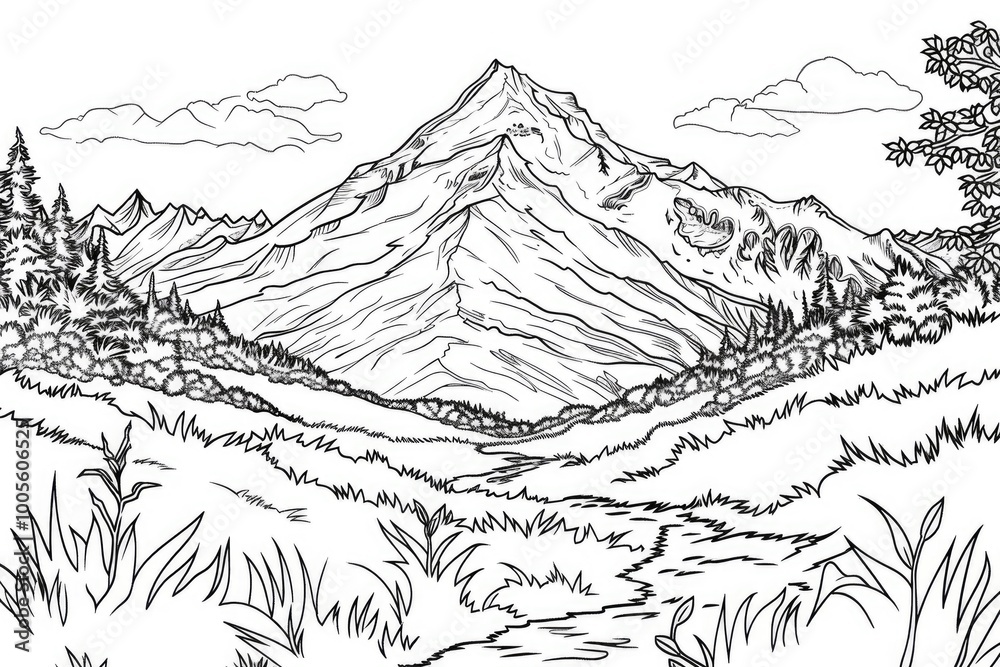 Coloring book illustration of a majestic snow capped mountain peak surrounded by serene meadows and natural beauty Coloring book illustration of a majestic snow capped mountain peak surrounded by serene meadows and natural beauty