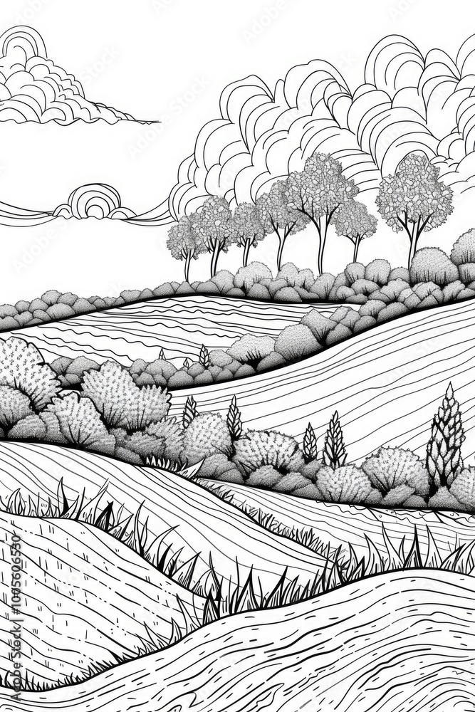 Fototapeta premium Coloring book illustration of a harvested field landscape