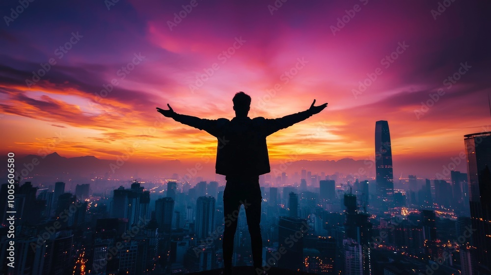 A person standing at the edge of a cityscape, arms spread wide, exuding confidence and ambition A person standing at the edge of a cityscape, arms spread wide, exuding confidence and ambition