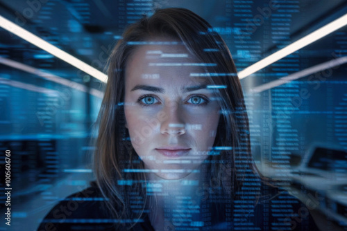 Portrait of Focused Software Developer Partially Covered by Glowing Holographic Digital codes in High-Tech Office