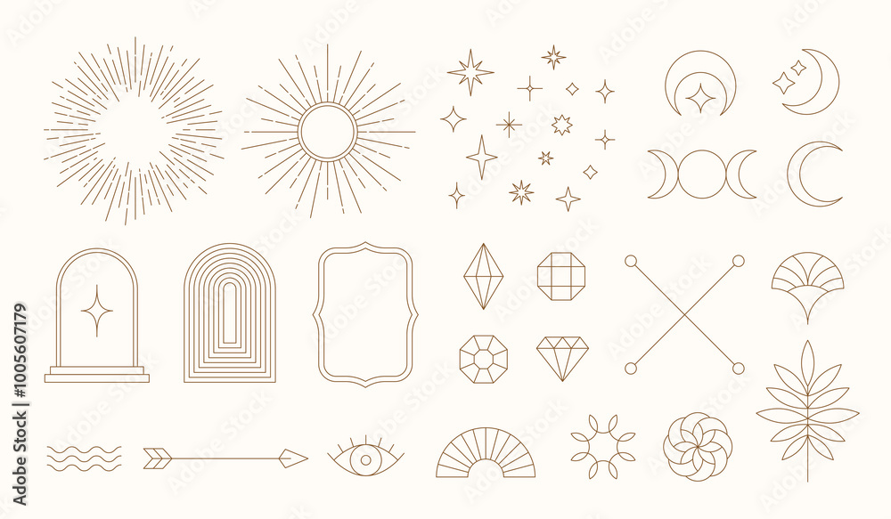 Set of linear thin line art deco boho retro vintage design elements. Geometric shapes, Outline symbols