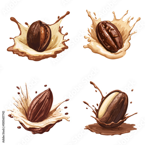 chocolate splash with cocoa bean illustration collection isolated on a transparent background, chocolate drink clipart png