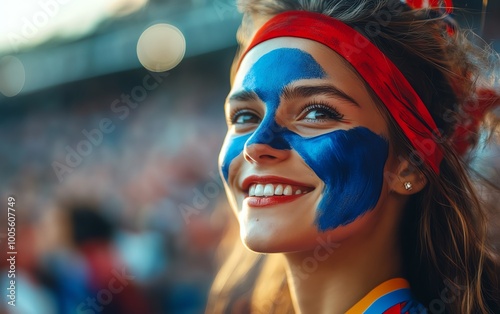 Cheerful French woman with face painted in national flag colors, blue, white, and red, at a football or rugby match, blurry stadium scene, clear copy space photo