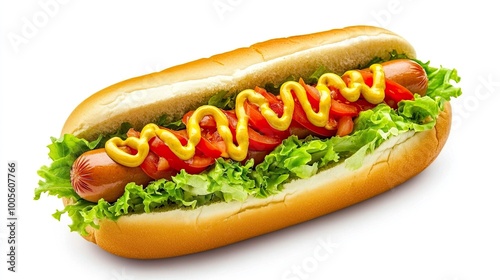 A hot dog with lettuce, tomatoes, and mustard served on a bun.generative ai