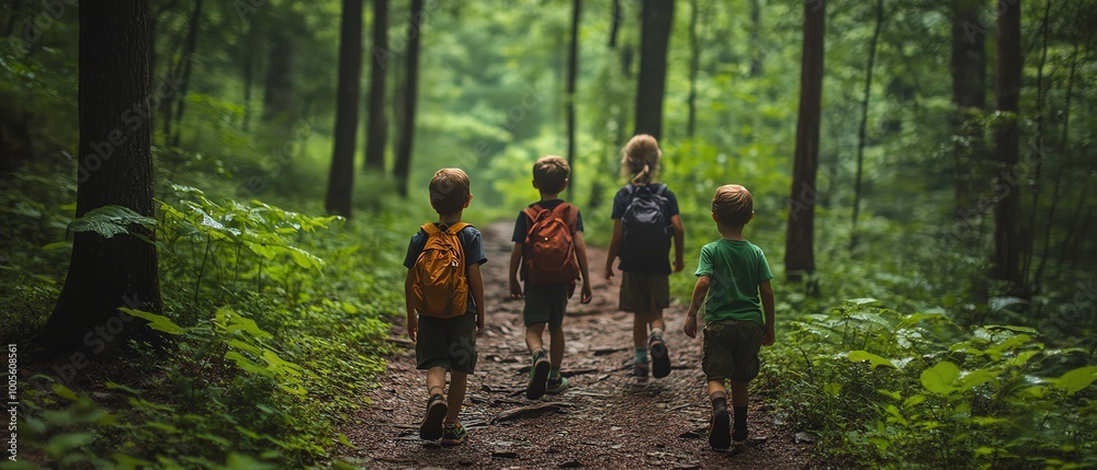 Children exploring a verdant forest on a nature hike, heading toward a serene clearing, rich greenery and joyful exploration of the outdoors Children exploring a verdant forest on a nature hike, heading toward a serene clearing, rich greenery and joyful exploration of the outdoors