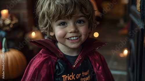 A shy boy in a vampire costume nervously knocks on his neighbor’s door during Halloween night photo