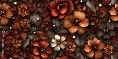 3D seamless pattern with glittery dark brown and burgundy flowers photo