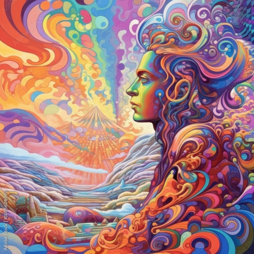A vibrant, psychedelic landscape featuring a contemplative figure. A vibrant, psychedelic landscape featuring a contemplative figure.